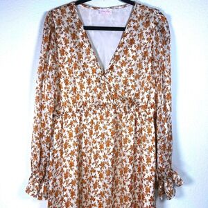 Pink‎ Lily Floral Long Sleeve Midi Dress V Neck Ruffle Cuffs Women's